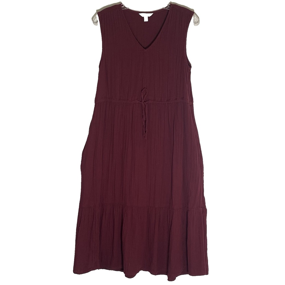 Time and Tru Maxi Dress Womens XS Burgundy Red Cotton Tiered Ruffle Pockets Boho
